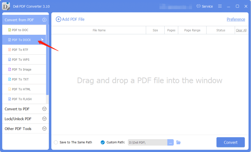 Select PDF to DOCX